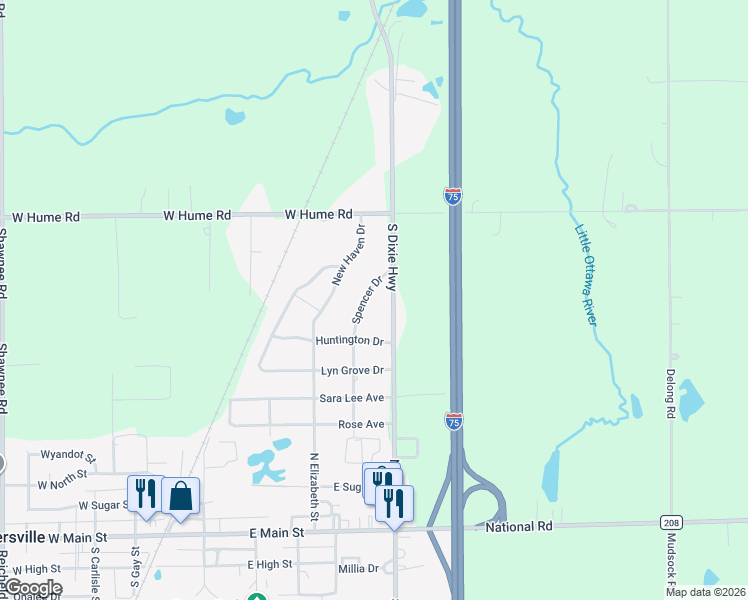map of restaurants, bars, coffee shops, grocery stores, and more near 5135 Spencer Drive in Cridersville