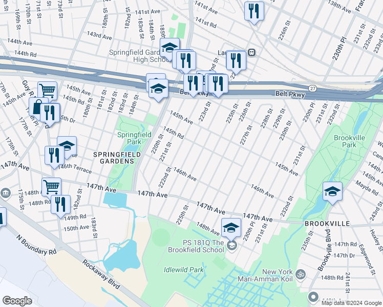 map of restaurants, bars, coffee shops, grocery stores, and more near 145-57 223rd Street in Queens