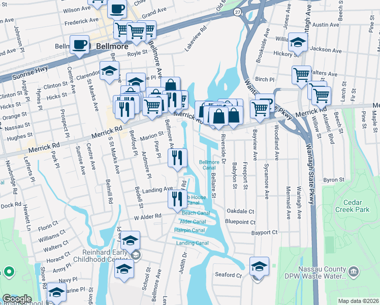 map of restaurants, bars, coffee shops, grocery stores, and more near 2364 Beverly Road in Wantagh