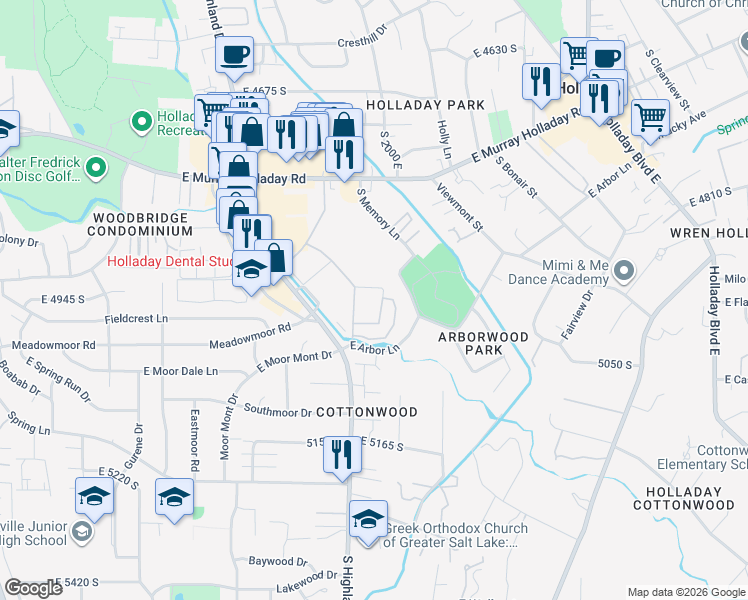 map of restaurants, bars, coffee shops, grocery stores, and more near 4970 South Cajon Lane in Holladay