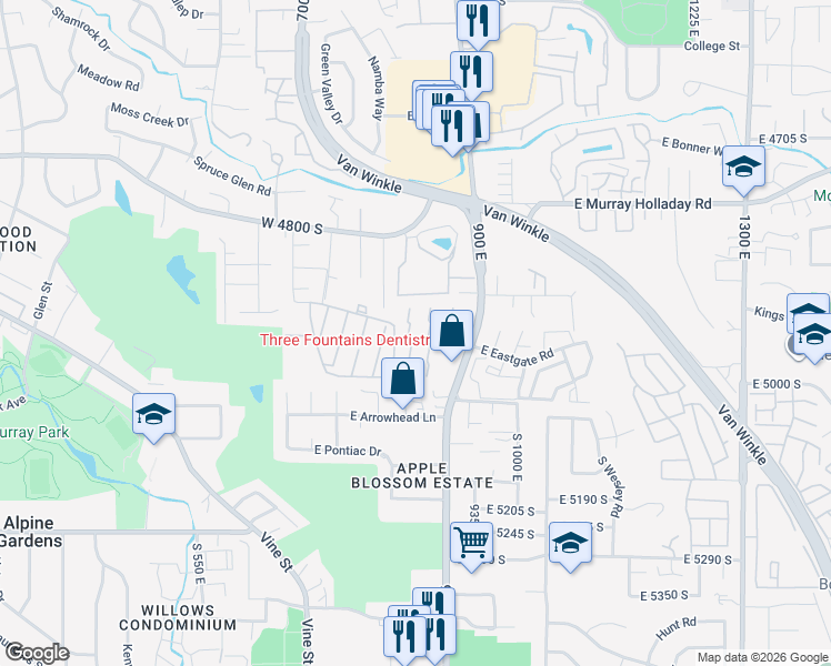 map of restaurants, bars, coffee shops, grocery stores, and more near 879 East 3 Fountains Drive in Murray
