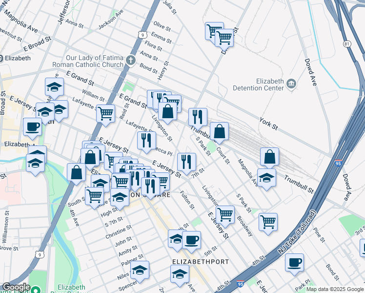 map of restaurants, bars, coffee shops, grocery stores, and more near 145 Division Street in Elizabeth