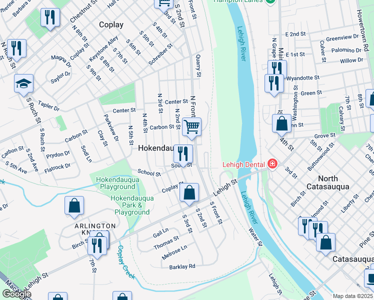 map of restaurants, bars, coffee shops, grocery stores, and more near 3028 North Hall Street in Hokendauqua