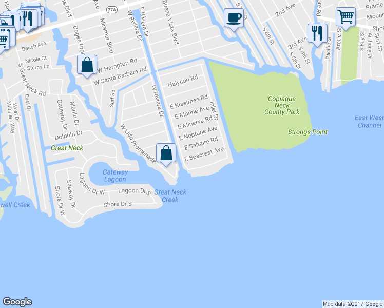 map of restaurants, bars, coffee shops, grocery stores, and more near 74 East Seacrest Avenue in Lindenhurst