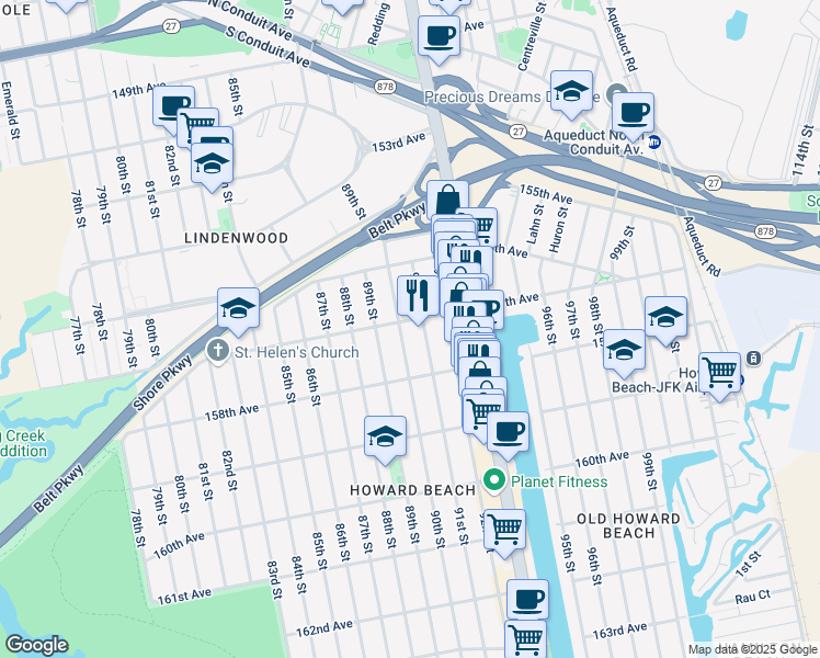map of restaurants, bars, coffee shops, grocery stores, and more near 157-06 90th Street in Queens