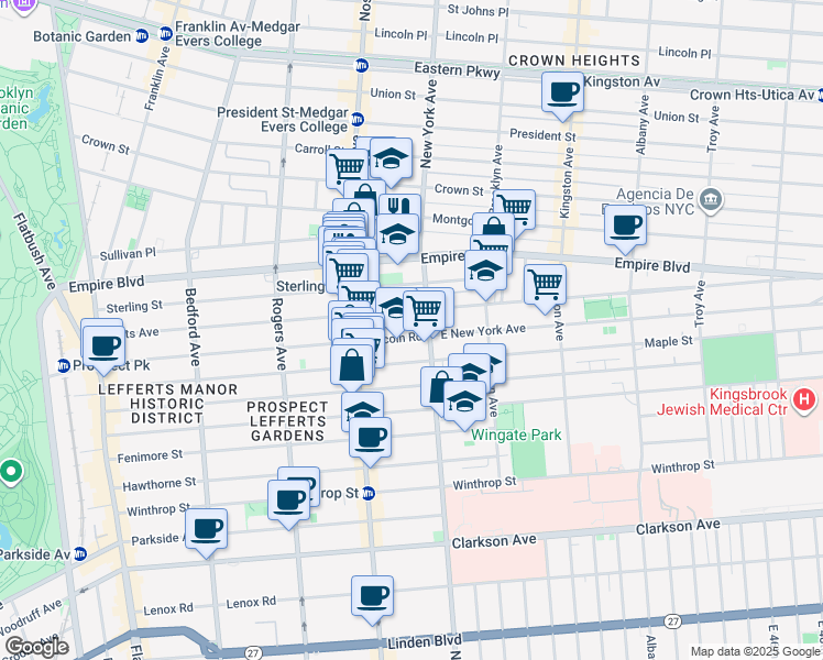 map of restaurants, bars, coffee shops, grocery stores, and more near 429 Lincoln Road in Brooklyn