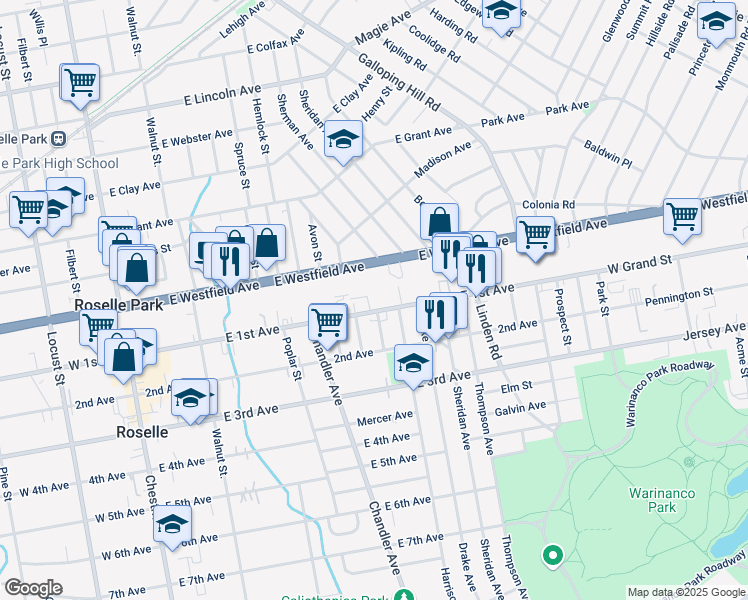 map of restaurants, bars, coffee shops, grocery stores, and more near 457 East 1st Avenue in Roselle
