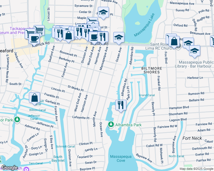 map of restaurants, bars, coffee shops, grocery stores, and more near 132 Ocean Avenue in Massapequa