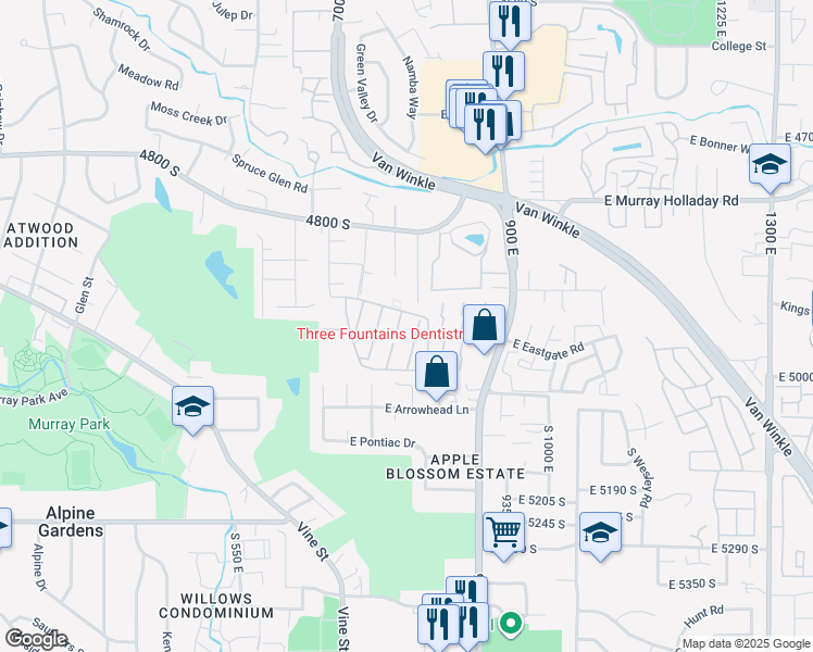 map of restaurants, bars, coffee shops, grocery stores, and more near 760 East Three Fountains Drive in Murray