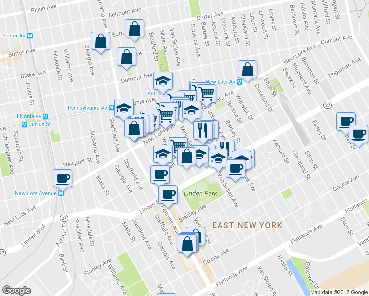 map of restaurants, bars, coffee shops, grocery stores, and more near 693 Bradford Street in Brooklyn