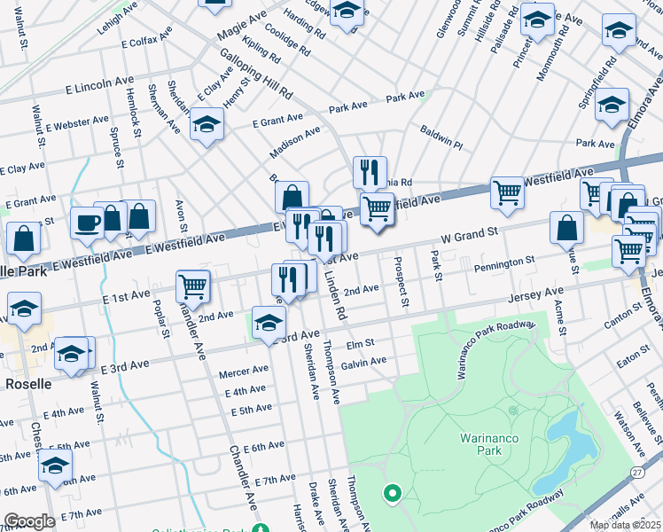 map of restaurants, bars, coffee shops, grocery stores, and more near 105 Linden Road in Roselle