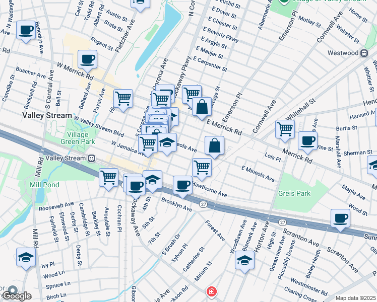 map of restaurants, bars, coffee shops, grocery stores, and more near 54 East Mineola Avenue in Valley Stream