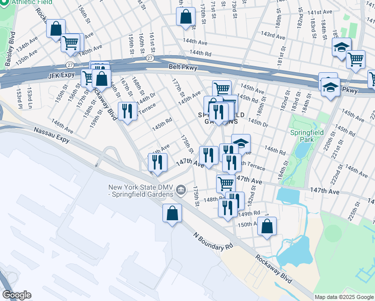 map of restaurants, bars, coffee shops, grocery stores, and more near 146-30 175th Street in Queens
