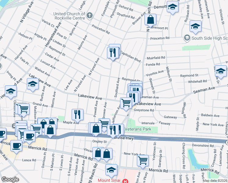map of restaurants, bars, coffee shops, grocery stores, and more near 26 Southard Ave in Rockville Centre