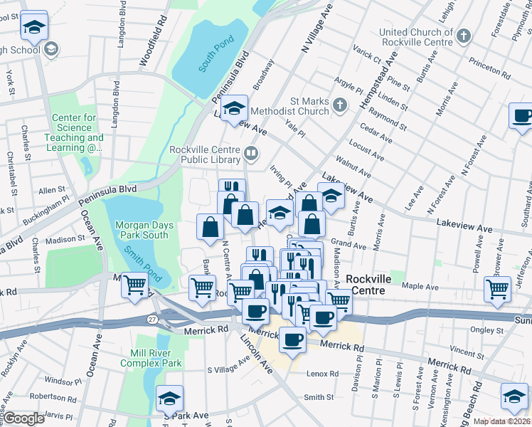 map of restaurants, bars, coffee shops, grocery stores, and more near 30 Hempstead Avenue in Rockville Centre