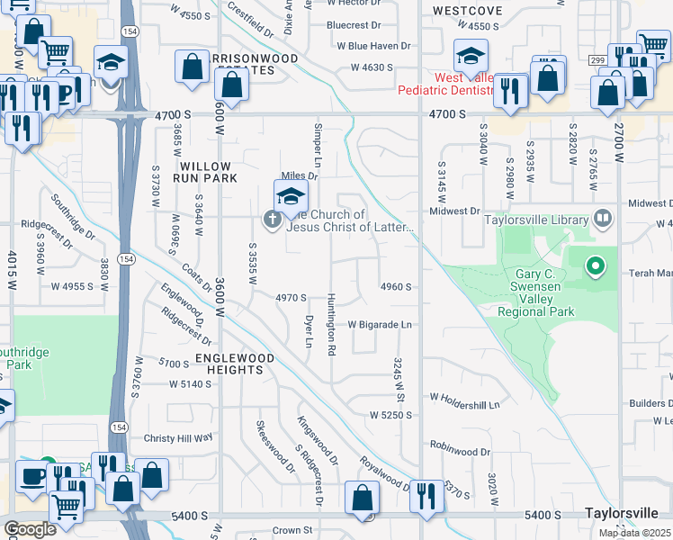 map of restaurants, bars, coffee shops, grocery stores, and more near 4929 Huntington Road in Taylorsville