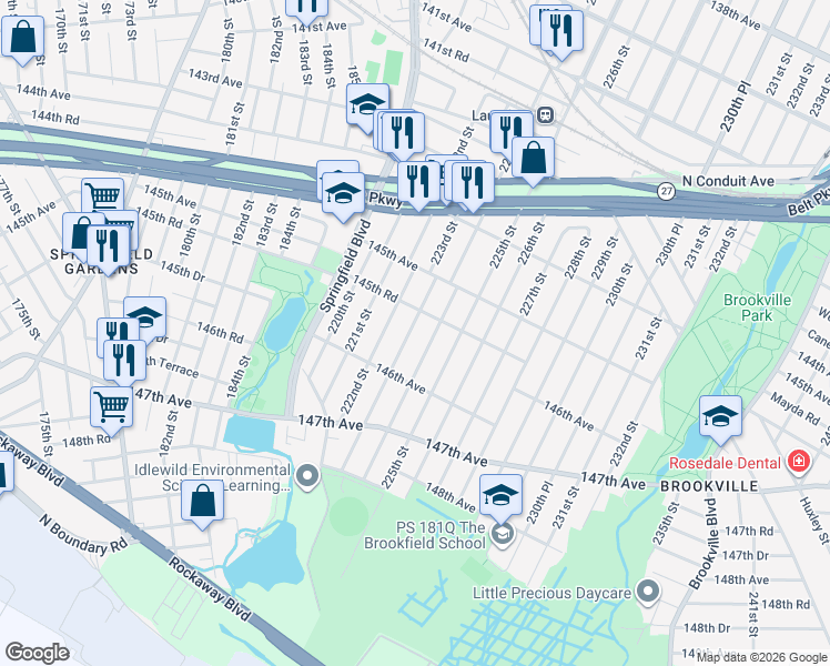 map of restaurants, bars, coffee shops, grocery stores, and more near 145-57 223rd Street in Queens