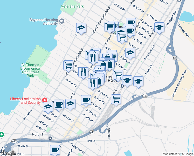 map of restaurants, bars, coffee shops, grocery stores, and more near 17 West 19th Street in Bayonne