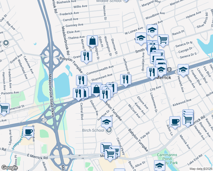 map of restaurants, bars, coffee shops, grocery stores, and more near 1806 Bedford Avenue in Merrick
