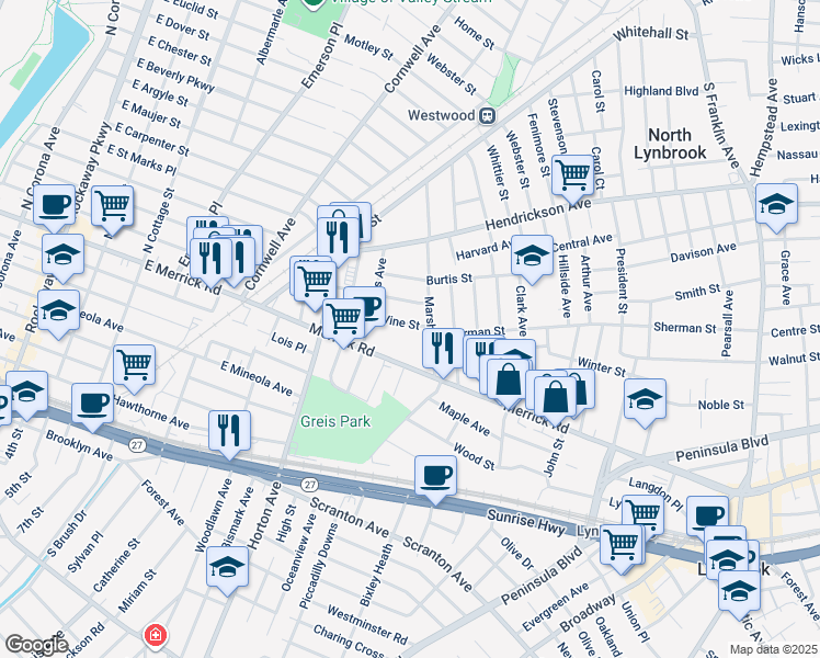map of restaurants, bars, coffee shops, grocery stores, and more near 21 Vine Street in Lynbrook