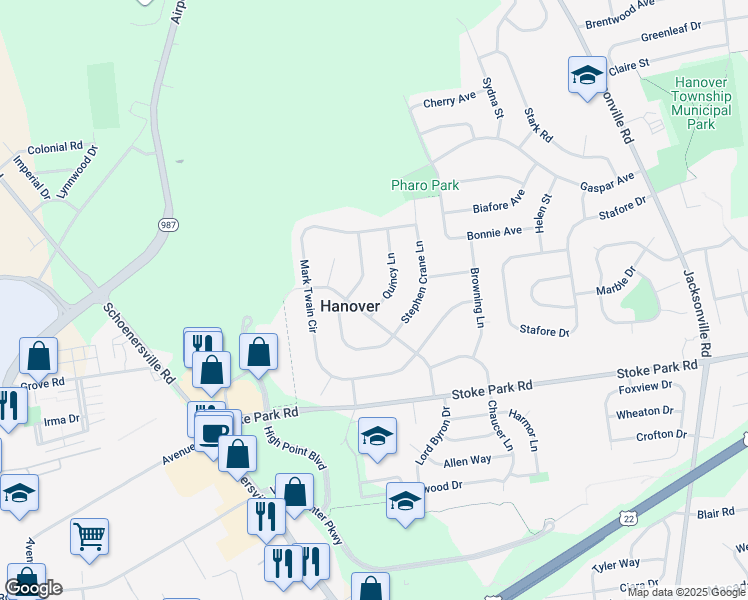 map of restaurants, bars, coffee shops, grocery stores, and more near 3555 Quincy Lane in Bethlehem