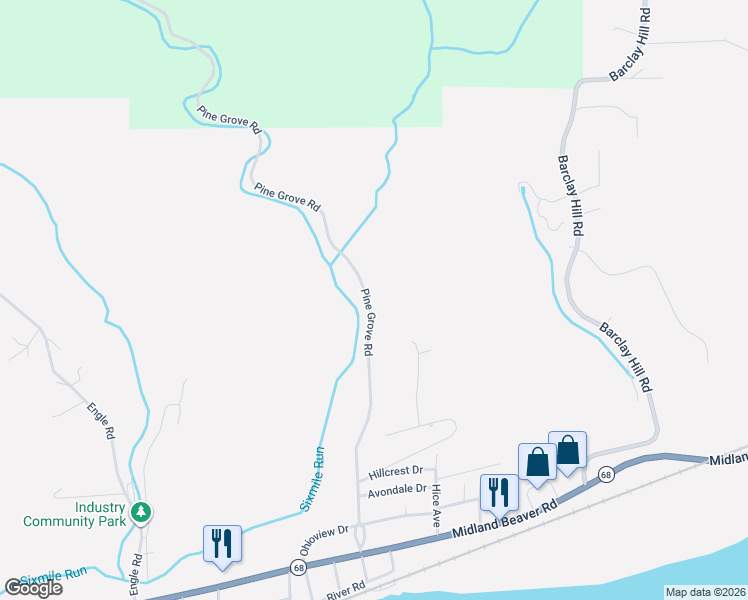 map of restaurants, bars, coffee shops, grocery stores, and more near 2955 Pine Grove Road in Industry