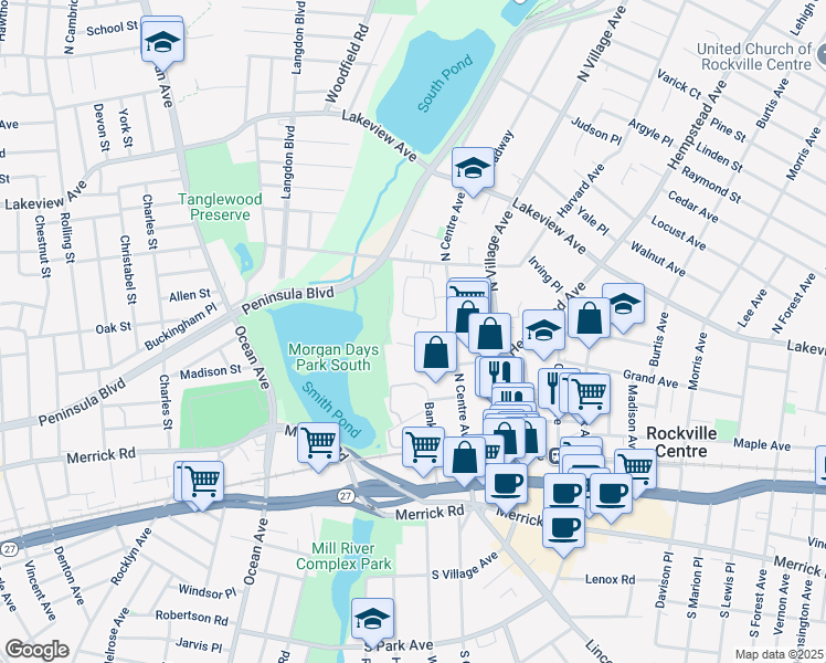 map of restaurants, bars, coffee shops, grocery stores, and more near 9 Meehan Lane in Rockville Centre
