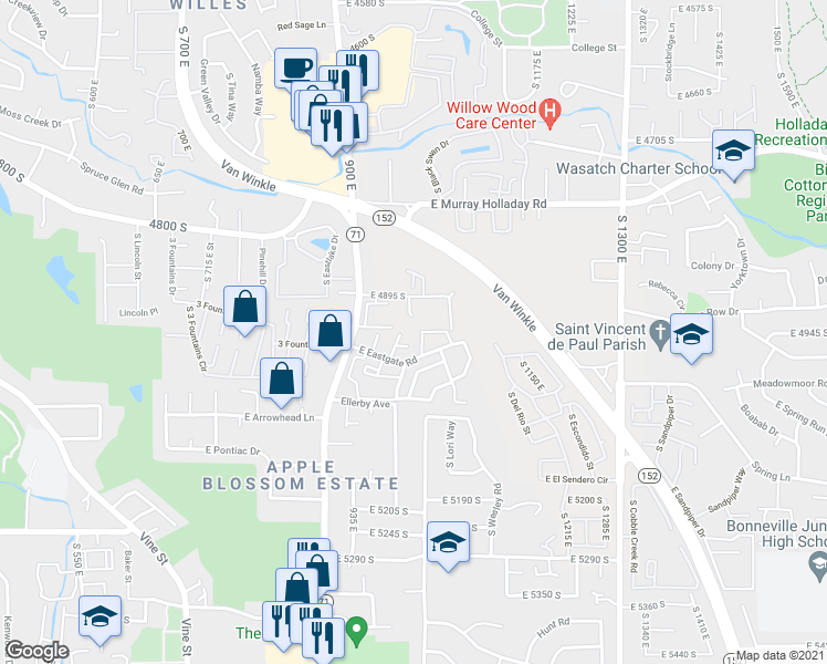 map of restaurants, bars, coffee shops, grocery stores, and more near 4937 South 1021 East in Salt Lake City