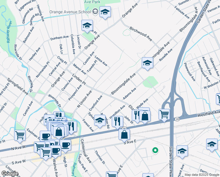 map of restaurants, bars, coffee shops, grocery stores, and more near 210 Cranford Avenue in Cranford