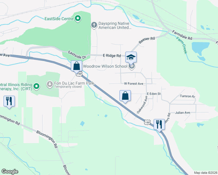 map of restaurants, bars, coffee shops, grocery stores, and more near 219 West Forest Avenue in East Peoria