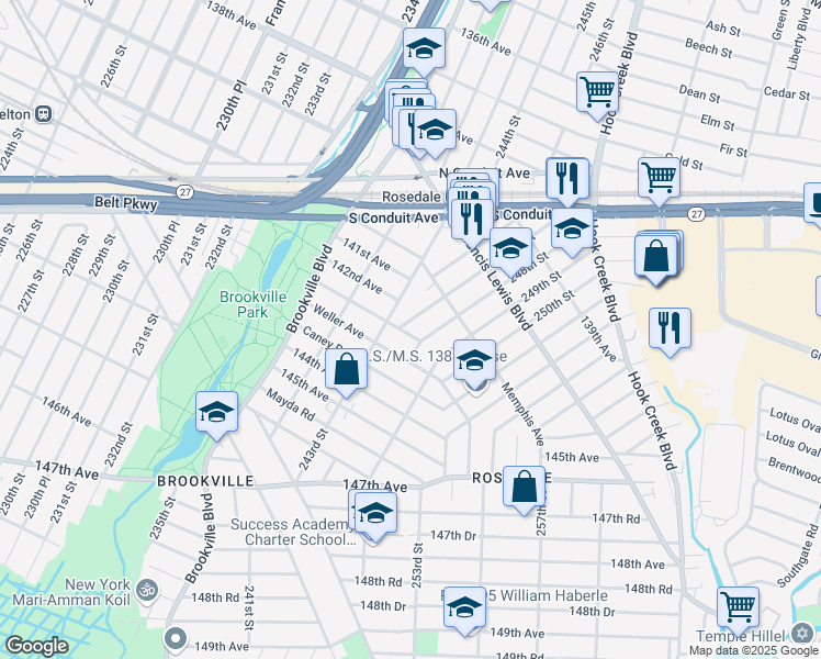 map of restaurants, bars, coffee shops, grocery stores, and more near 247-01 247th Street in Queens