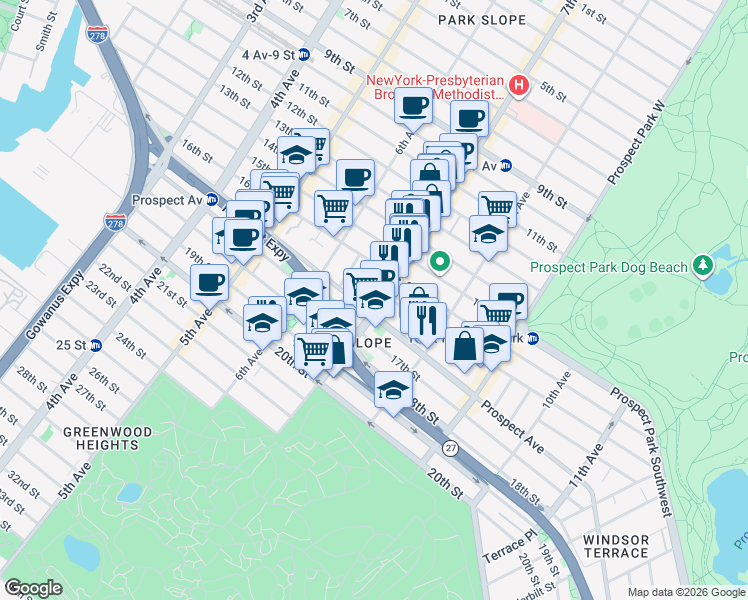 map of restaurants, bars, coffee shops, grocery stores, and more near 373 Prospect Avenue in Brooklyn