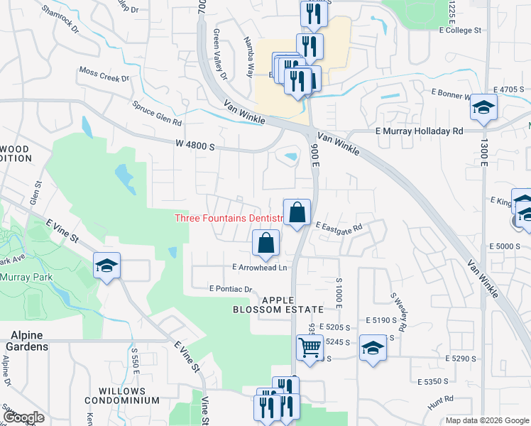 map of restaurants, bars, coffee shops, grocery stores, and more near 829 East Three Fountains Drive in Murray