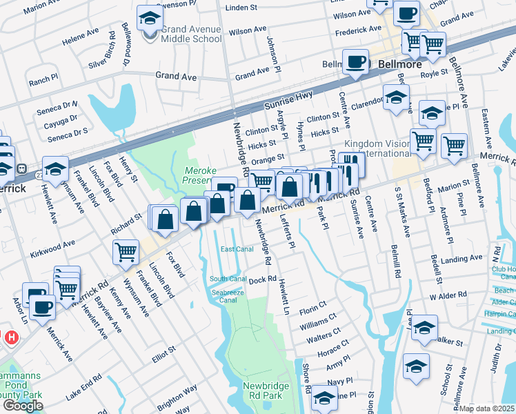 map of restaurants, bars, coffee shops, grocery stores, and more near 2427 Merrick Road in Bellmore