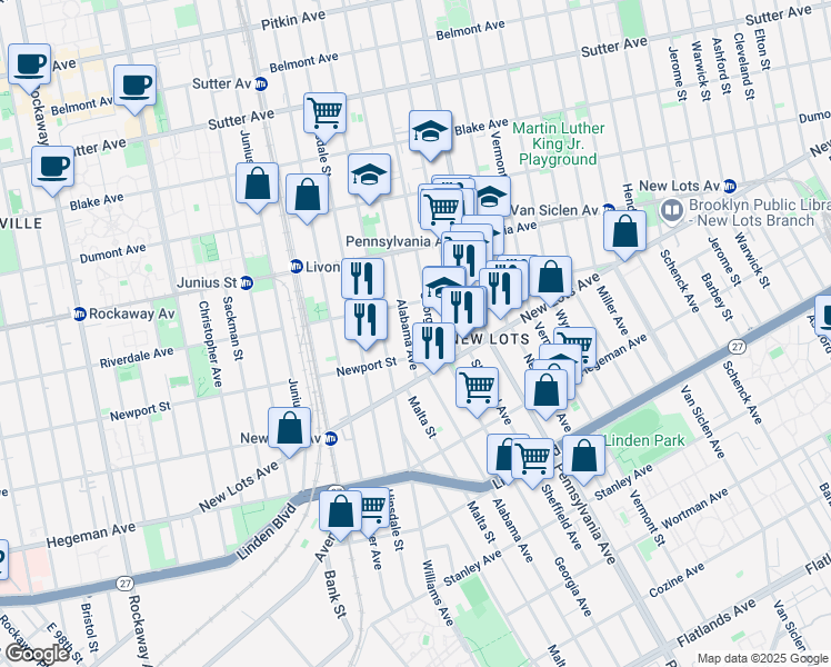 map of restaurants, bars, coffee shops, grocery stores, and more near 573 Alabama Avenue in Brooklyn