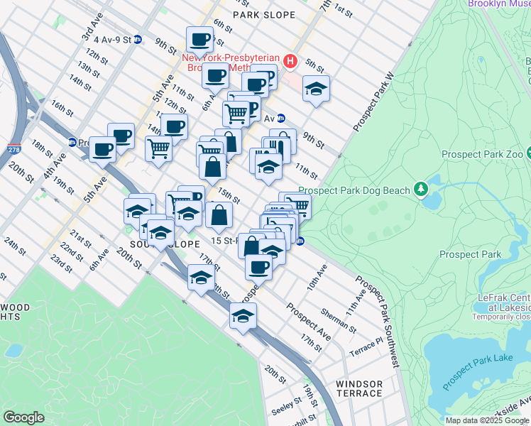 map of restaurants, bars, coffee shops, grocery stores, and more near 423 15th Street in Brooklyn