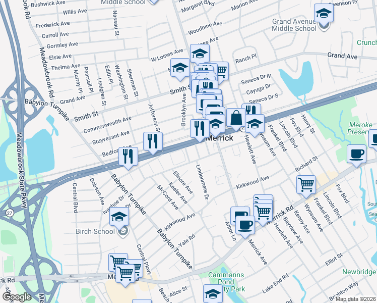 map of restaurants, bars, coffee shops, grocery stores, and more near 2255 City Place in Merrick