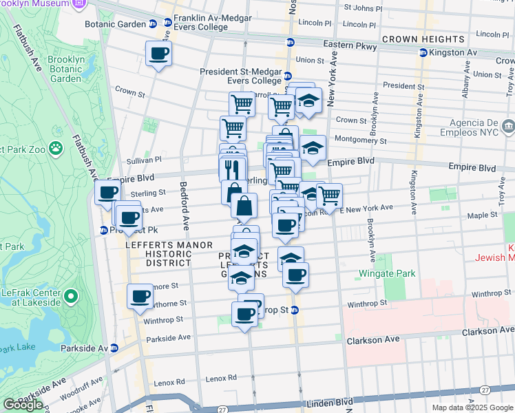 map of restaurants, bars, coffee shops, grocery stores, and more near 262 Lefferts Avenue in Brooklyn