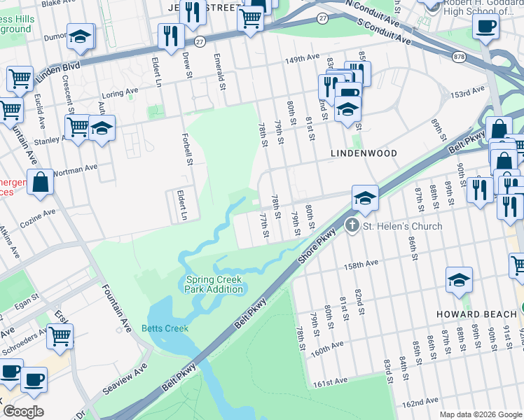 map of restaurants, bars, coffee shops, grocery stores, and more near 156th Ave & 77th St in Queens