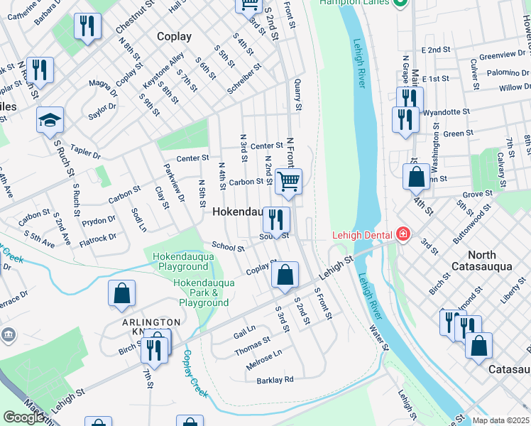 map of restaurants, bars, coffee shops, grocery stores, and more near in Hokendauqua