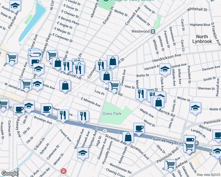 map of restaurants, bars, coffee shops, grocery stores, and more near 691 Merrick Rd in Lynbrook