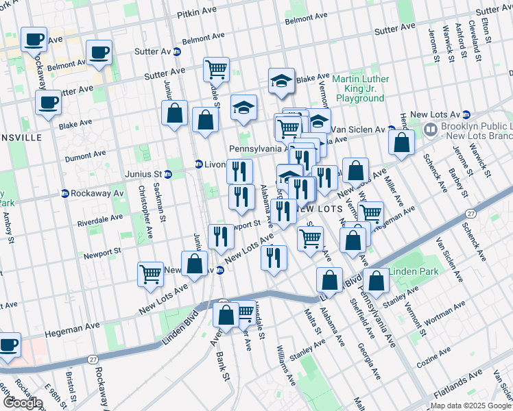 map of restaurants, bars, coffee shops, grocery stores, and more near 560 Williams Avenue in Brooklyn