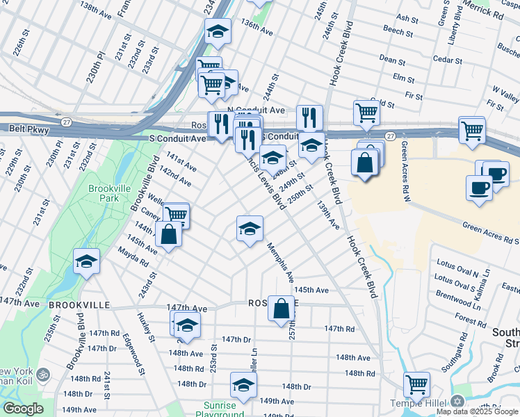 map of restaurants, bars, coffee shops, grocery stores, and more near 141-33 249th Street in Queens