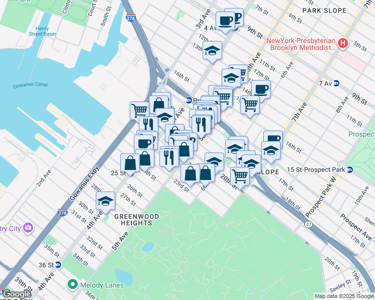 map of restaurants, bars, coffee shops, grocery stores, and more near 232 20th Street in Brooklyn