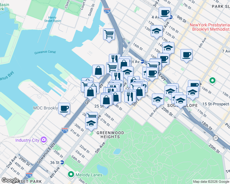 map of restaurants, bars, coffee shops, grocery stores, and more near 720 4th Avenue in Brooklyn