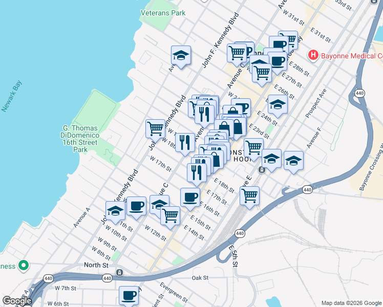 map of restaurants, bars, coffee shops, grocery stores, and more near 45 West 18th Street in Bayonne