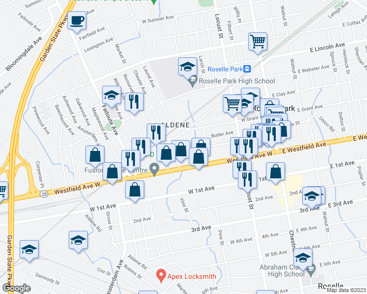 map of restaurants, bars, coffee shops, grocery stores, and more near 126 Hawthorne Street in Roselle Park
