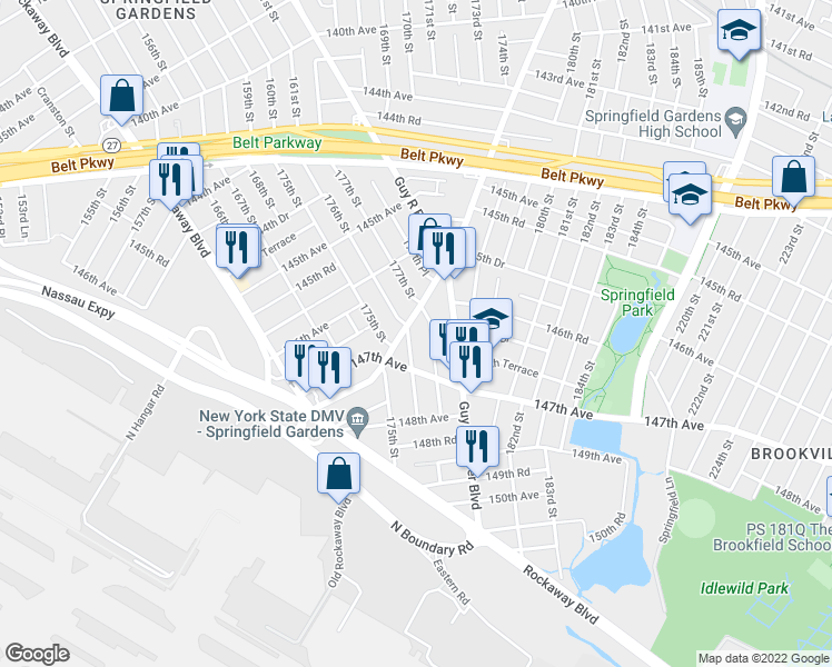 map of restaurants, bars, coffee shops, grocery stores, and more near 146-07 176th Street in Queens