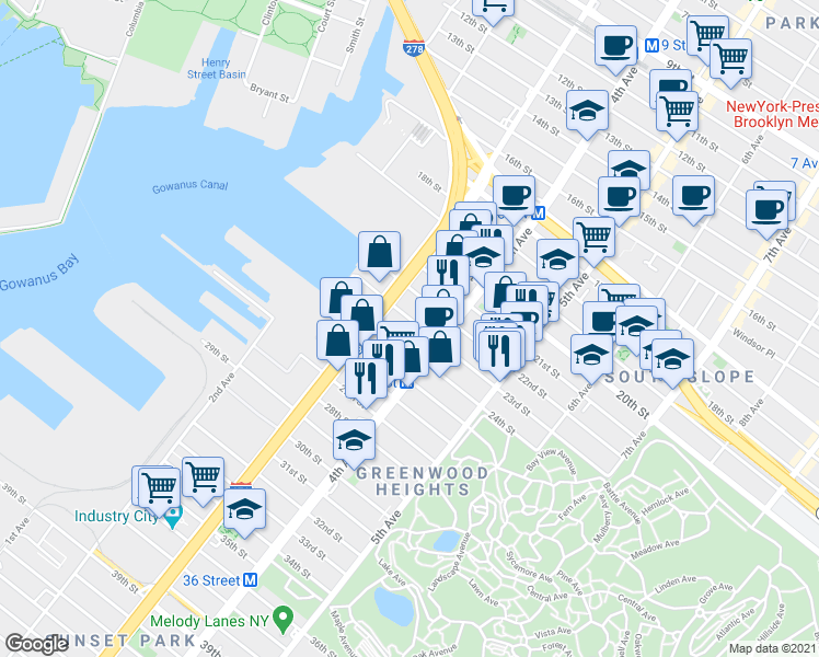 map of restaurants, bars, coffee shops, grocery stores, and more near 148 23rd Street in Brooklyn