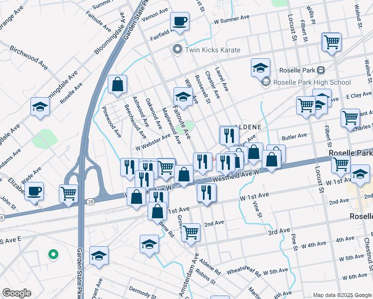 map of restaurants, bars, coffee shops, grocery stores, and more near 427 Maplewood Avenue in Roselle Park